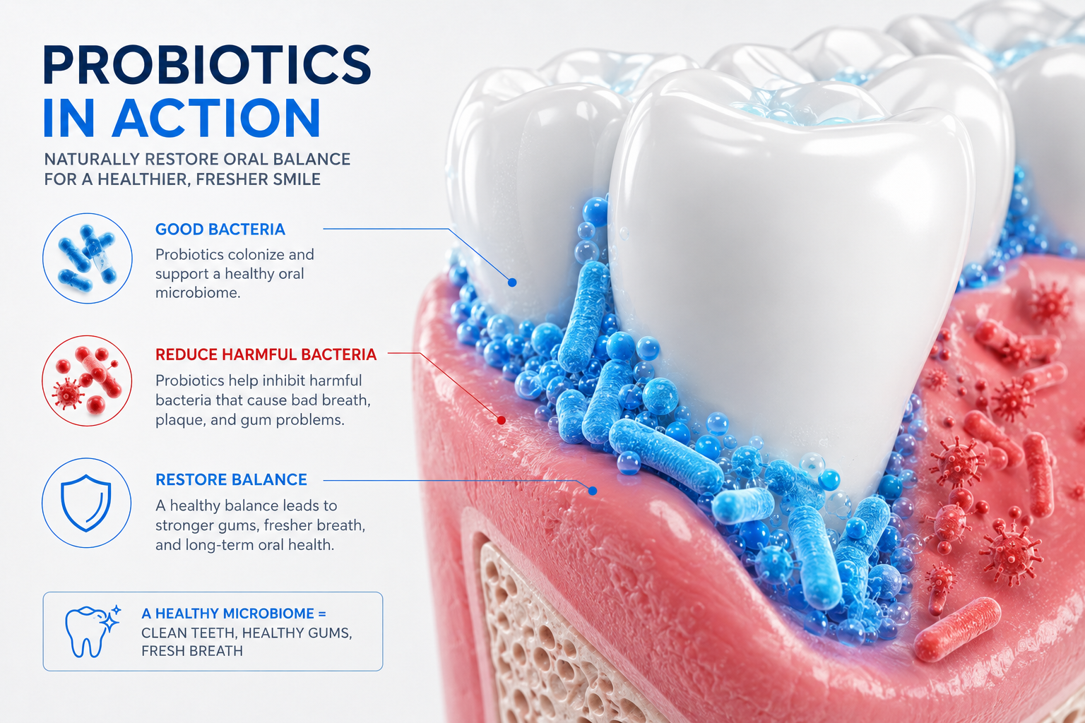 3D medical infographic showing probiotics supporting oral microbiome balance